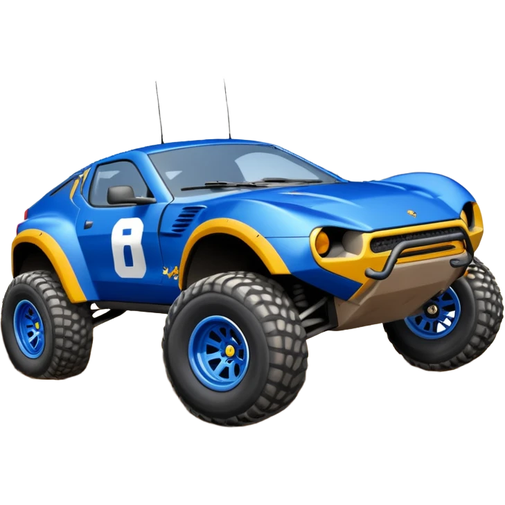 Dirty Midnight-blue Local Motors Rally Fighter off road race car after jumping over a dirt ramp  emoji