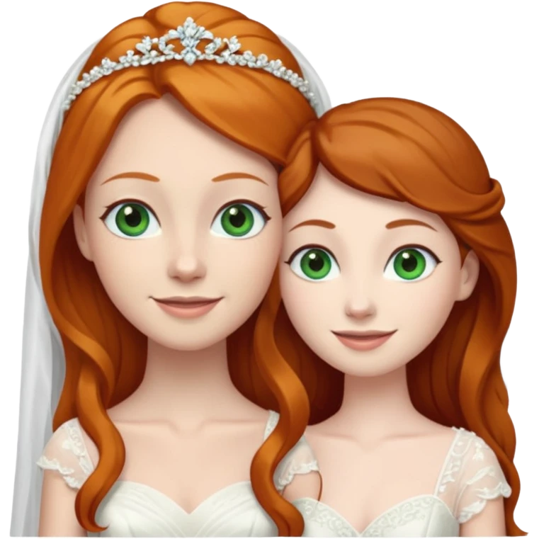 A ginger woman with blue eyes, marrying a taller, pale woman with very dark brown hair and green eyes, both in wedding dresses. emoji