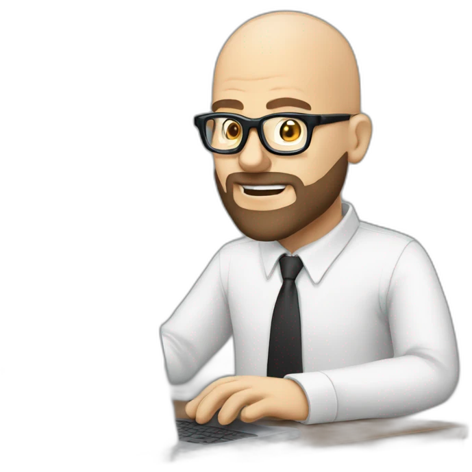 bald man with cool glasses and french beard typing on computer - having fun! emoji