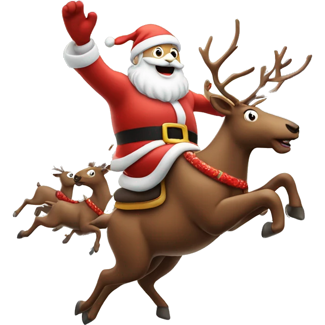 Santa riding his reindeers in the sky with snowflakes falling emoji