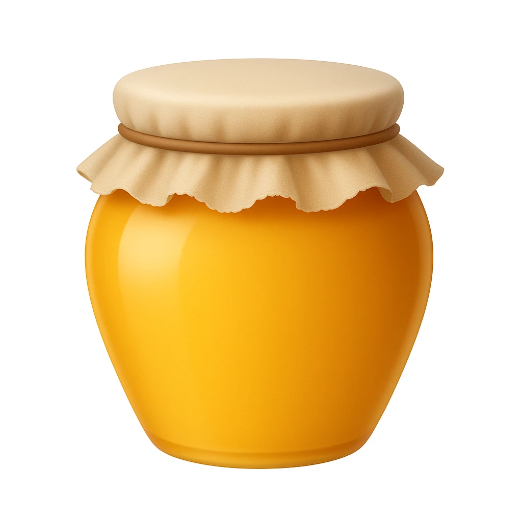 Create an emoji with no face that looks exactly like the reference image. The style should be iOS emoji style: 3D, shiny, smooth gradients, soft shadows, realistic honey jar shape with a cloth lid, no face. emoji