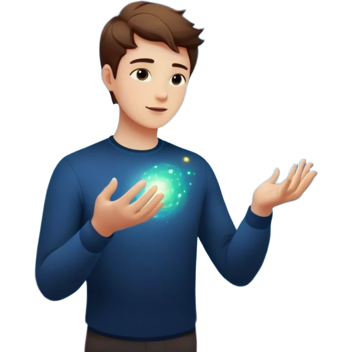 A young man floats in space, touching a particle that glows and expands, shaping the universe around him. Each touch creates new light, symbolizing how his choices build his own reality. emoji