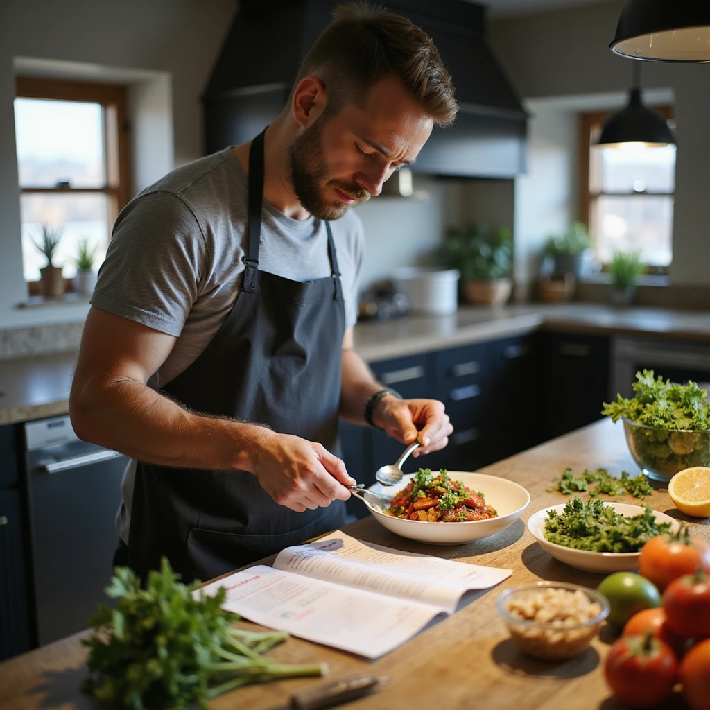 realistic image of a man preparing a meal following a nutritional plan, fresh ingredients, open nutritional plan on the counter, bright atmosphere, realistic details emoji