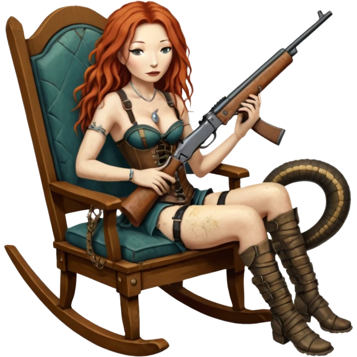 solarpunk ultra HD very old and tired Tori Amos casually crouches on a rocking chair in a torn corset, holding a lintlock double-barreled rifle and with muddy feet. a bronze snake wrapped itself around the chair emoji