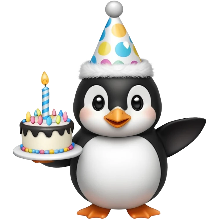 cute penguin with birthday hat hold a birthday cake in arms emoji