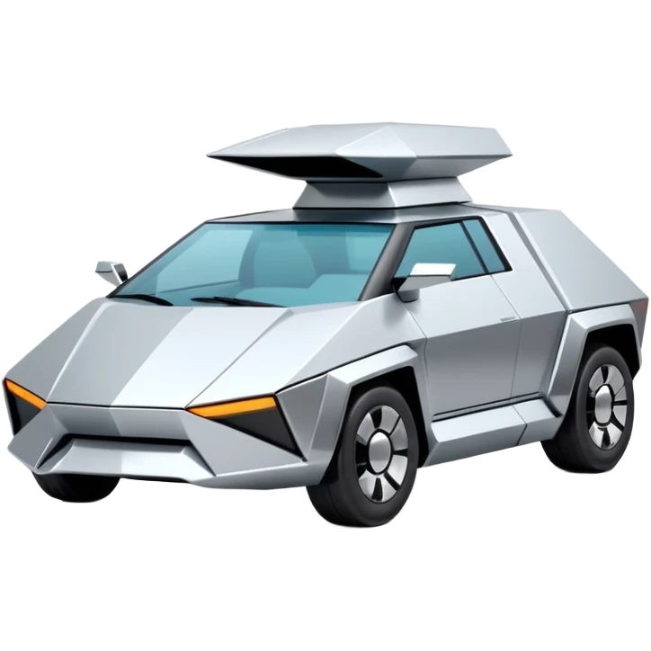 A futuristic chrome car emoji, sharp geometric body design inspired by cybertruck aesthetics, smooth silver metallic surface, matte and glossy chrome mix, minimal details, soft reflections, clean edges, iOS emoji style, centered, clean white background, soft studio lighting, no text emoji