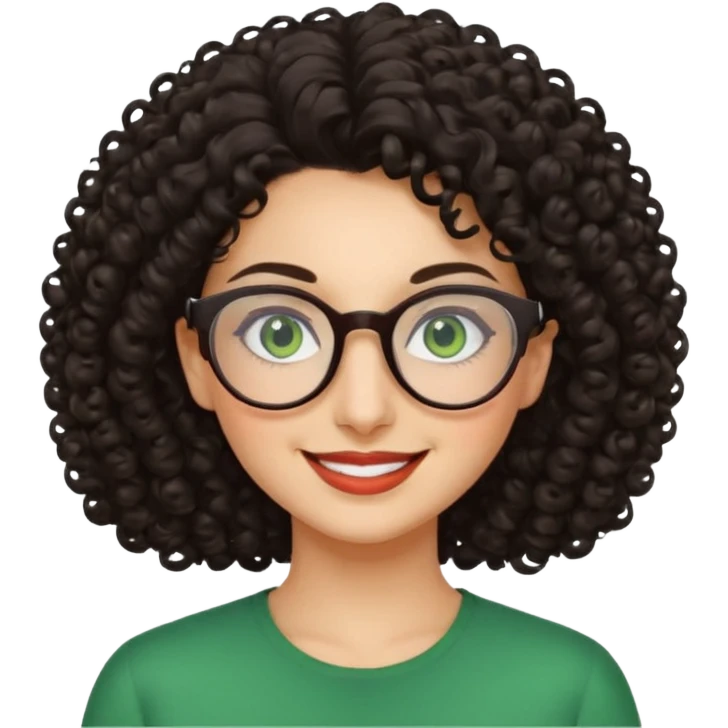 iranian woman, tight curly hair, glasses, green eyes, pretty, oval shape face emoji