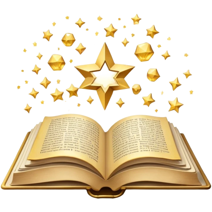 Open book with floating words and sparkles above it emoji
