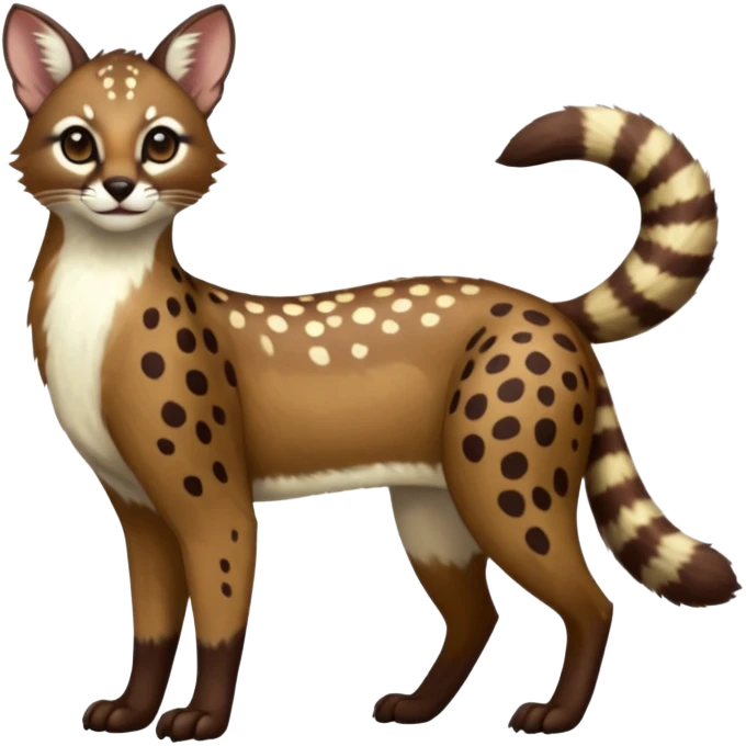 Colorful dark chocolate-brown tropical beige fur glorious divine exotic cute cool beautiful shiny beautiful fantasy-caracal-civet-genet-sergal-vernid-Cacomistle-oncilla-animal-Fakémon-hybrid-fursona with white deer-spots pattern markings (full body) emoji