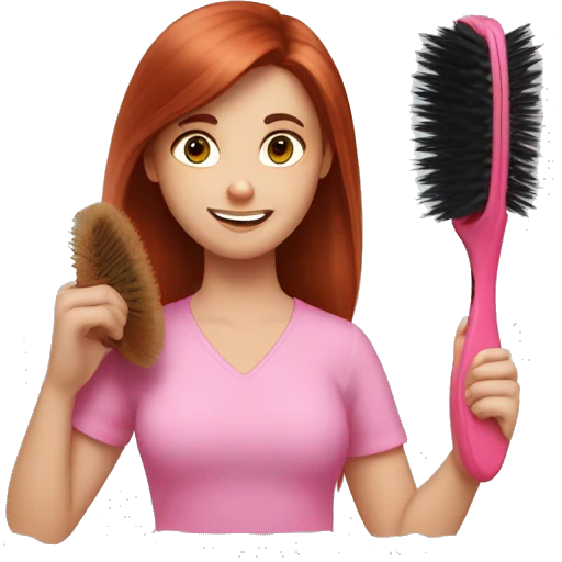 girl with auburn hair and a pink shirt brushing her hair with a boar bristle brush emoji