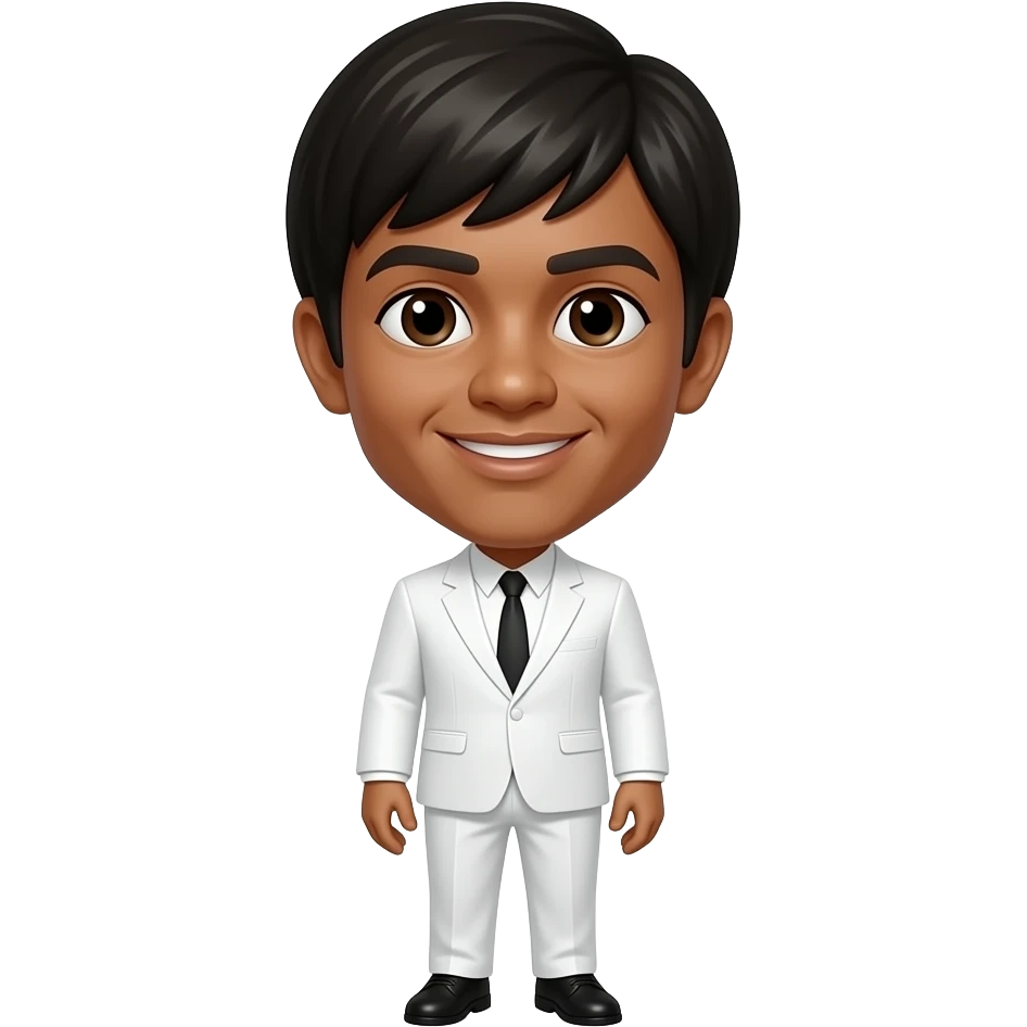 A full body dark skinned midget philipino man with a mushroom cut wearing a white suit with a Shaggy haircut like the Beatles emoji