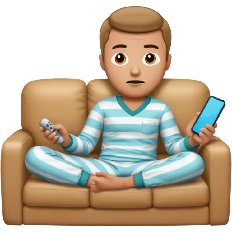 male memoji, lazy man in pajamas, lying on couch, holding TV remote, relaxed bored face, casual home vibe emoji