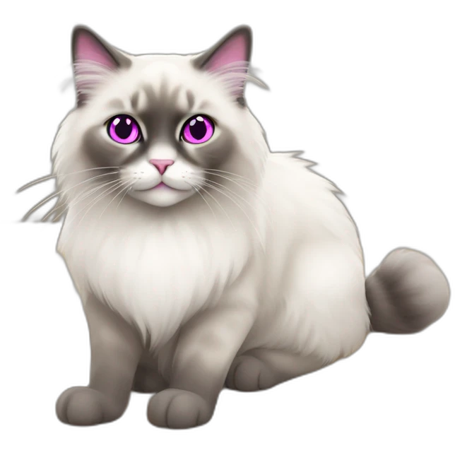 Ragdoll cat with magenta eyes and grey furr, smiling, sitting on the floor emoji