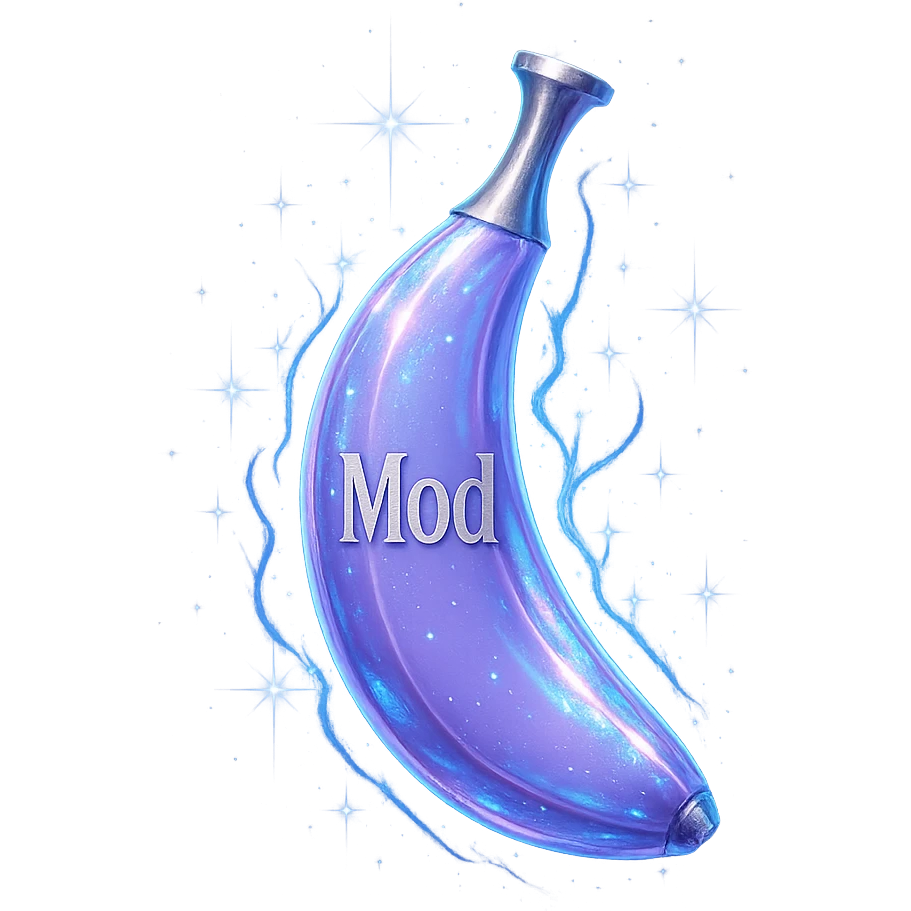 banana-shaped luxurious elixir bottle, color #7986cb, iridescent and silver details, intense magical glowing and sparkling effects, very small neck, seamless bottom, transparent background, floating, no base or shadow, modern, matching a collection, the word 'Mod' on the bottle emoji