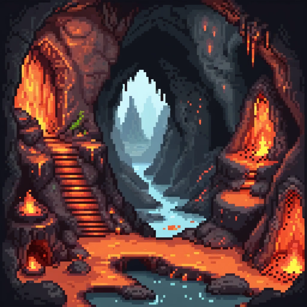 Dragon lair in volcanic cave with lava pools and glowing crystals emoji