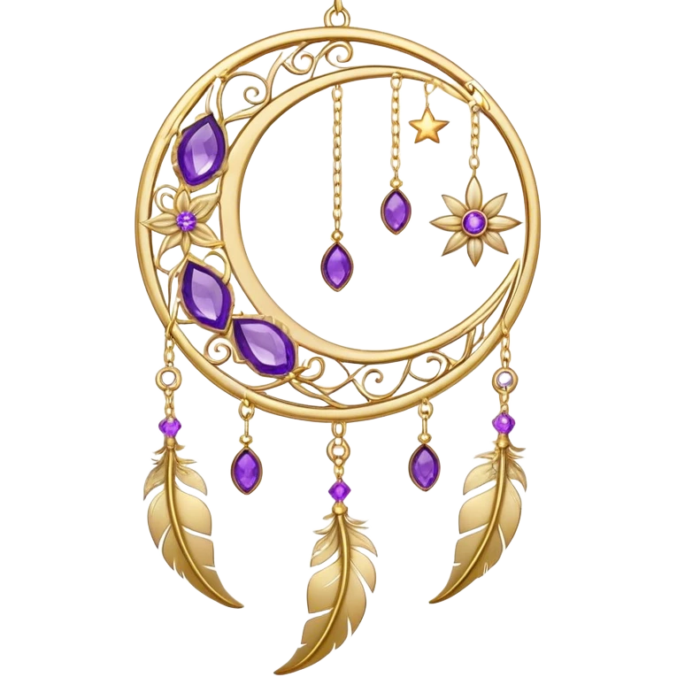 Epic beautiful gorgeous cute gold suncatcher, threads with shiny sparkly amethyst gemstones, flowers, crescents-moons, stars, gold Feathers  emoji