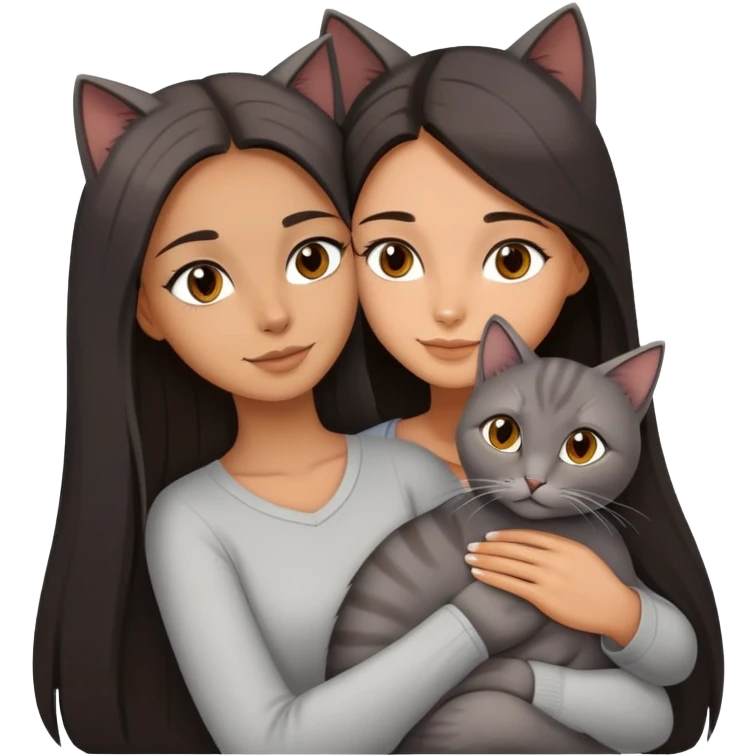 beautiful woman with dark long straight hair and brown eyes hugs a grey cat  emoji