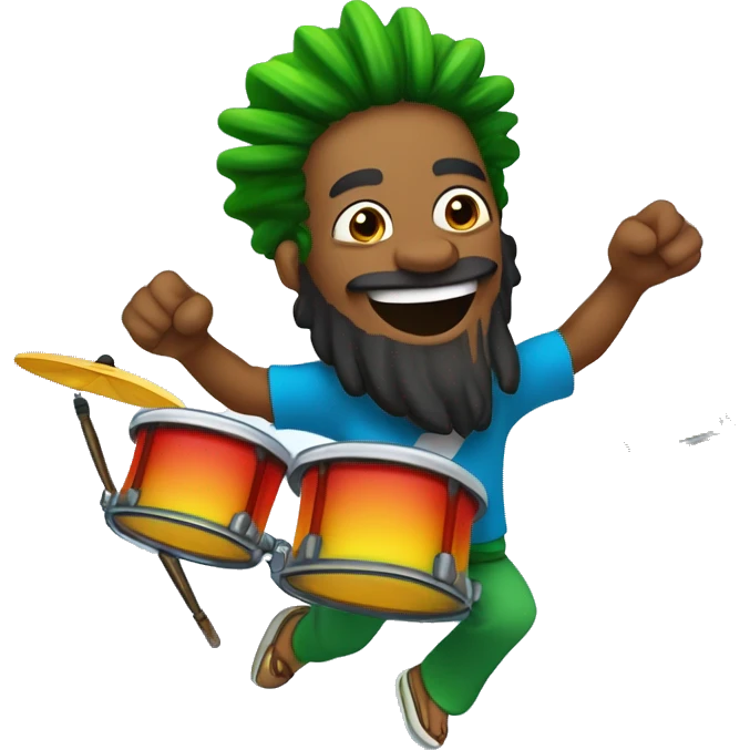 Draw a Brazilian drummer with tied hair, a beard, and Rastafarian style, jumping with joy and energetically playing drums in a live broadcast. The logo "GG Lukas Drummer" should be part of the background. emoji