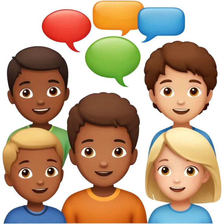 a group of children chatting together, fun and lively, with speech bubbles emoji