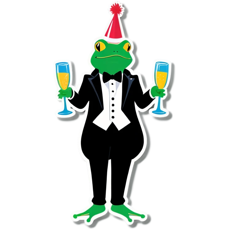 Frog in tuxedo wearing a birthday hat and drinking champagne  emoji