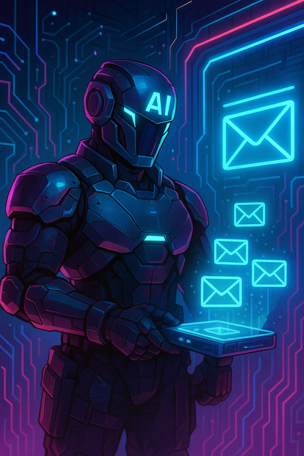 A cyberpunk-inspired AI bouncer agent, neon accents, standing guard at a virtual email gate, scanning emails with a holographic device, cool and assertive emoji