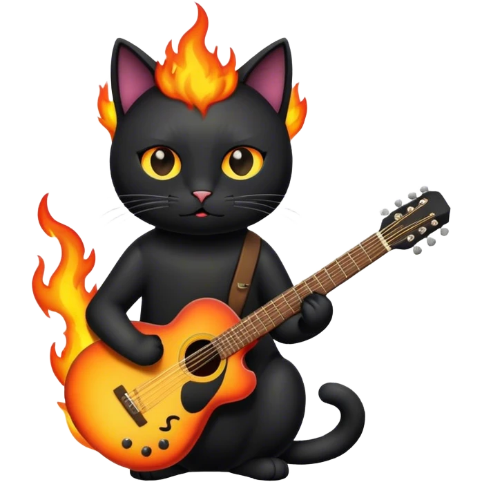 black cat with guitar on fire emoji