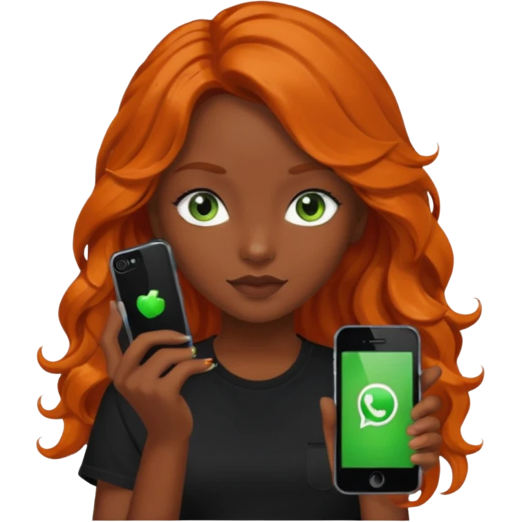 Girl with dark long orange wavy hair, green eyes, and black t-shirt and phone with black  app on hand emoji
