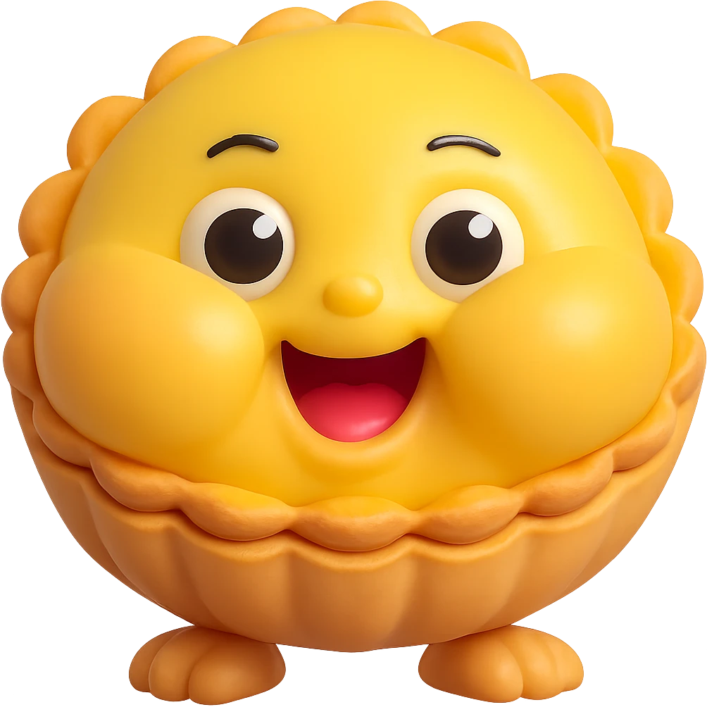 Make the cheeks even chubbier while keeping the cute 3D kawaii egg tart character style with a golden crispy tart shell, jiggly custard face, big watery eyes, expressive cartoon mouth, pastel color palette, comical exaggerated emotion, soft lighting, and glossy textures. Maintain transparent background and no text. emoji