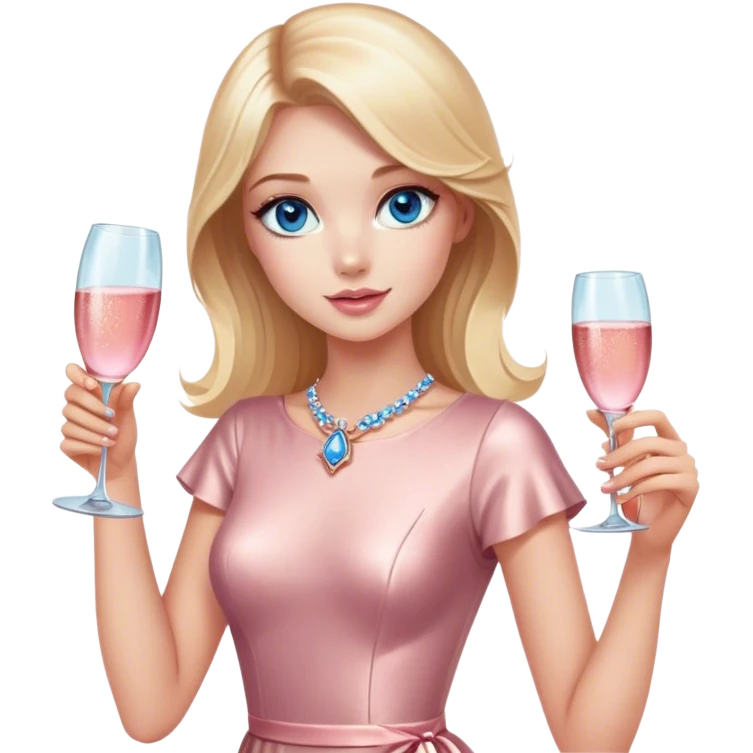 Pretty Blonde model, blue eyes, wearing a rose gold dress with short sleeves, raising a glass of pink champagne emoji