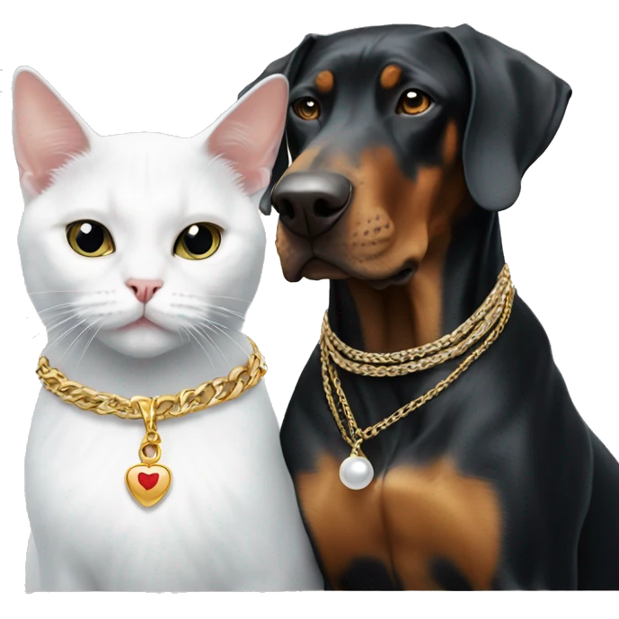 White cat with necklace sitting with Doberman emoji