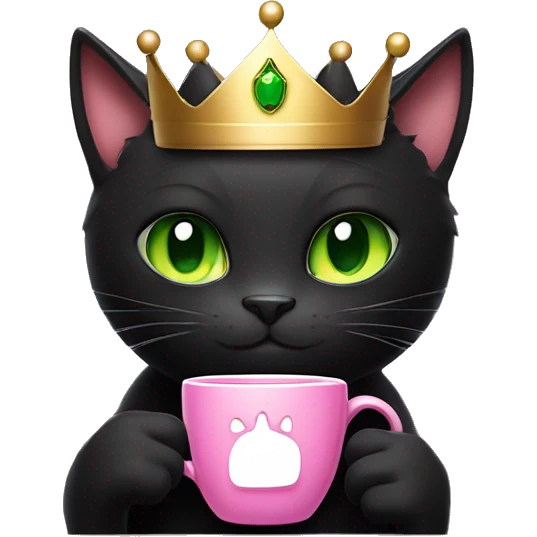 Black Cat with green eyes with crown on it’s head holding cup of coffe with it’s paw with pink nails emoji