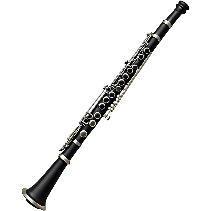Create an elegant and refined emoji representing A clarinet. The design should showcase the sleek, black wood finish of the clarinet with its shiny metal keys and elegant detailing. Include the distinct, high-quality features, giving it a modern and sophisticated look. Add subtle elements like the mouthpiece with the reed, emphasizing its importance in sound production. Use dark tones like ebony, silver for the keys, and soft light reflections to evoke a professional, classical feel. The background should be transparent. emoji