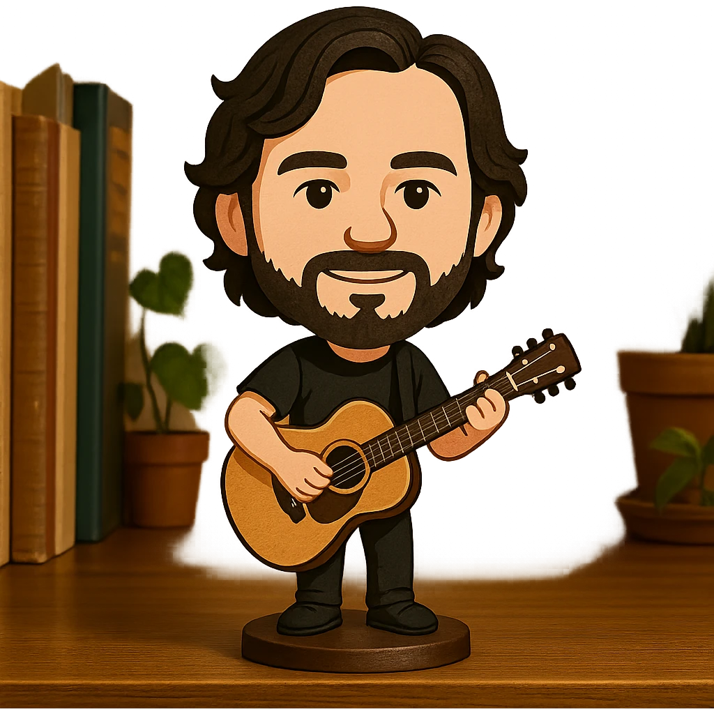 illustration of a musician playing guitar in bobblehead style emoji