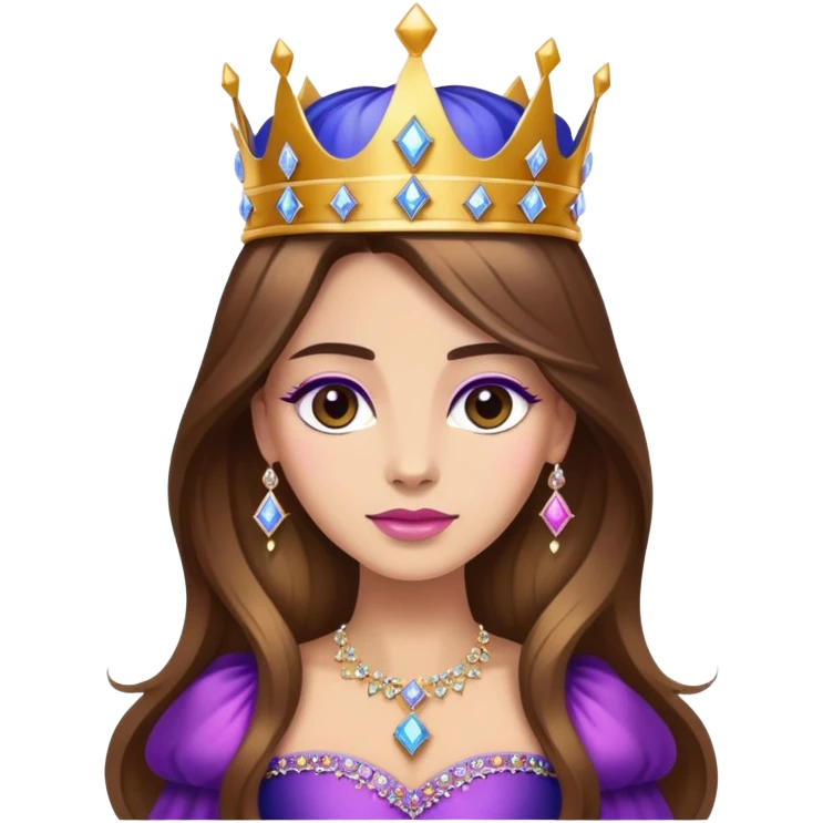 Queen, brown long hair, big golden crown encrusted with diamonds from blue to purple to pink, black dress emoji