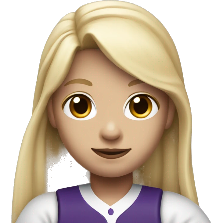 baseball card character. Blonde long straight hair. letter C logo. Purple and white uniform. emoji