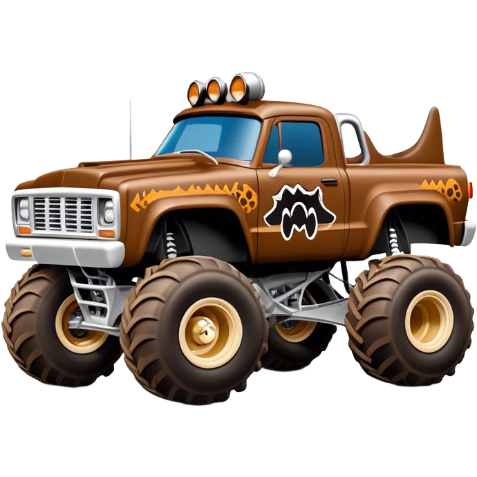 Monster Mutt - Monster Jam (Model Year: 2021) (Iconic colour: Brown with dog features) - A unique monster truck with playful, dog-inspired design cues. The vehicle is painted in warm brown tones and features subtle dog motifs (such as a stylized snout or ear shapes). It should blend the rugged power of a monster truck with quirky, endearing canine features. emoji