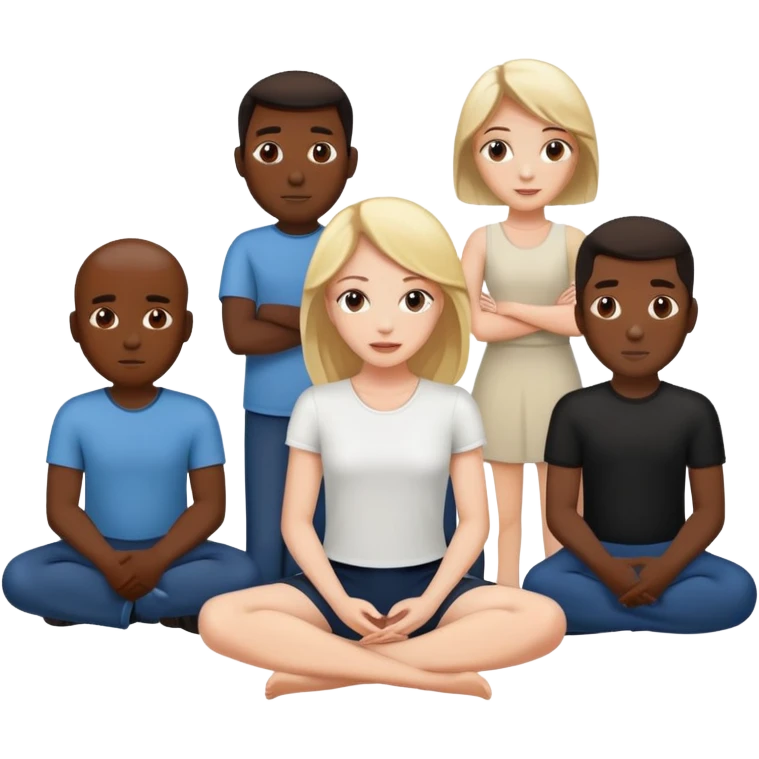 One white women is sitting on the ground and five black man are standing around her emoji