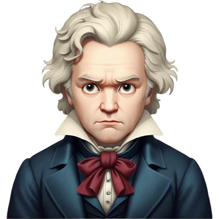 Cinematic Realistic Beethoven Portrait Emoji, depicted as a passionate composer with intense expressive features in period attire, rendered with rich textures and dramatic moody lighting that captures the turbulent genius of his music. emoji