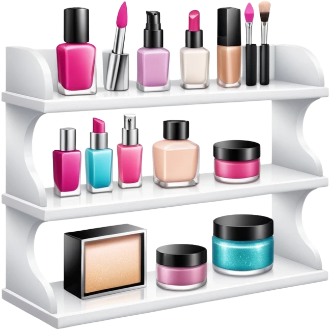 a white shelf with few beauty products and sparkles emoji