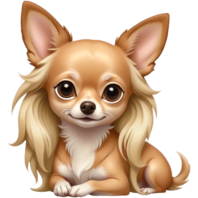 Cinematic Noble Long Haired Fawn Chihuahua Portrait Emoji, Poised and regal, with a delicate, refined build and a flowing, well-groomed long fawn coat, deep-set soulful dark eyes, Simplified yet sharp and sophisticated features, highly detailed, glowing with a soft, dignified glow, high shine, intelligent and loyal, stylized with an air of elegance, focused and attentive, soft glowing outline, capturing the essence of a watchful and confident guardian, so majestic it feels as though it could step out of the screen with effortless authority! emoji