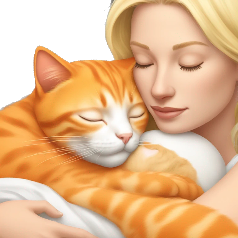 Orange kitty sleeping in the arms of blonde white woman emoji