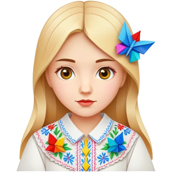 Ukrainian young girl in a white embroidered traditional shirt (vyshyvanka) holding colorful origami emoji
