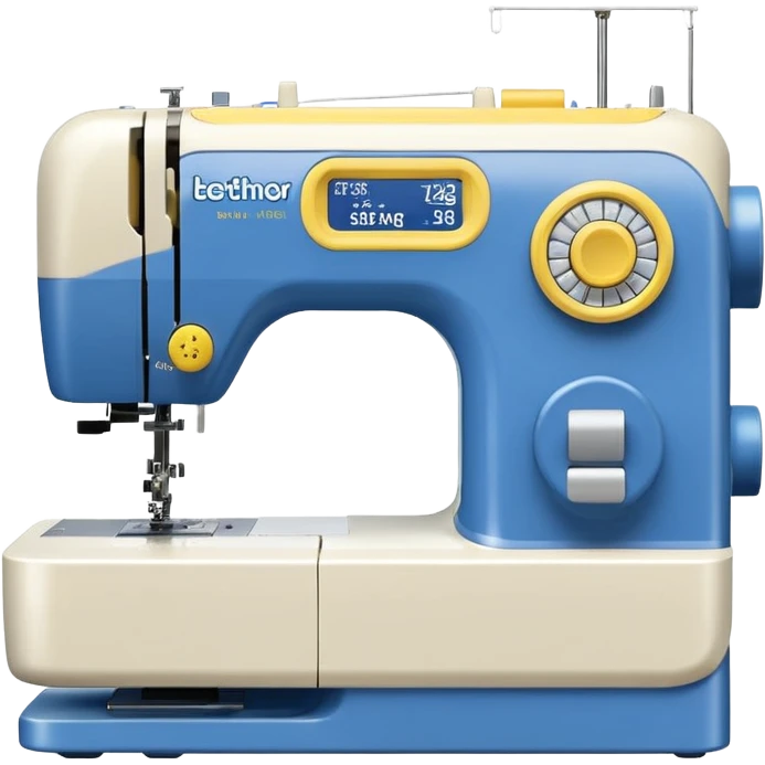 Modern Brother-style computerized sewing machine emoji, white and this yellow #FFB31E and light gray with a blue thread spool, small LCD screen and round dial, three-quarter view, soft gradients and shadows in Apple emoji style, plain light background. emoji