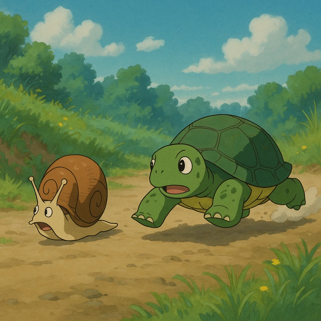 a snail racing a turtle, ghibli style emoji