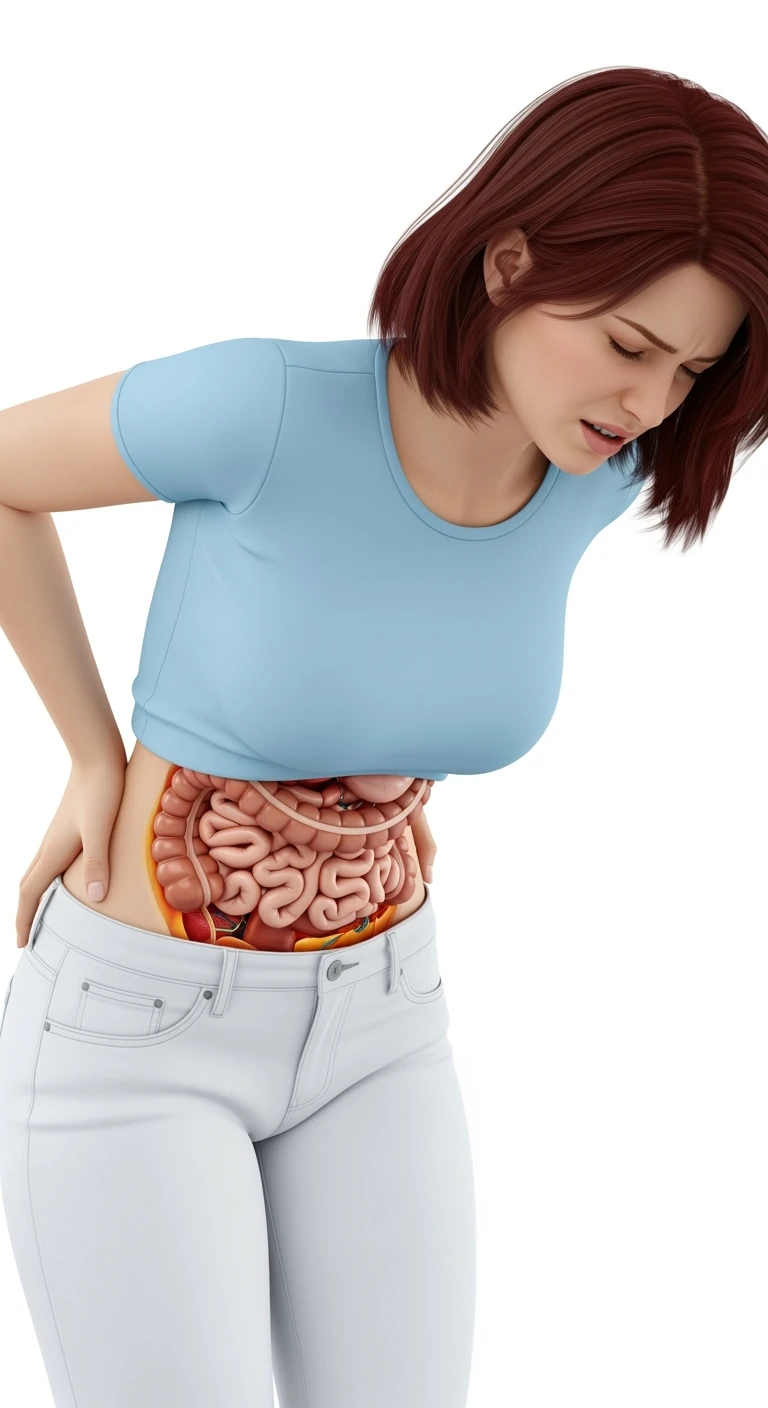 donna giovane piegata in avanti con mal di pancia e INTESTINO UMANO ANATOMICO IN EVIDENZA, iperrealistica 4k, ISOLATA SU SFONDO BIANCO emoji
