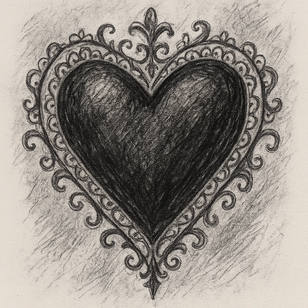 gothic heart with lace border, ornate, dark, elegant, pencil sketch style emoji