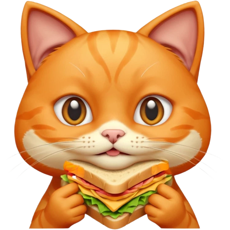 cute orange cat portrait, head and shoulders only, biting a sandwich, funny expression, 3D cartoon, mobile game icon style, clean background, no text, no watermark emoji