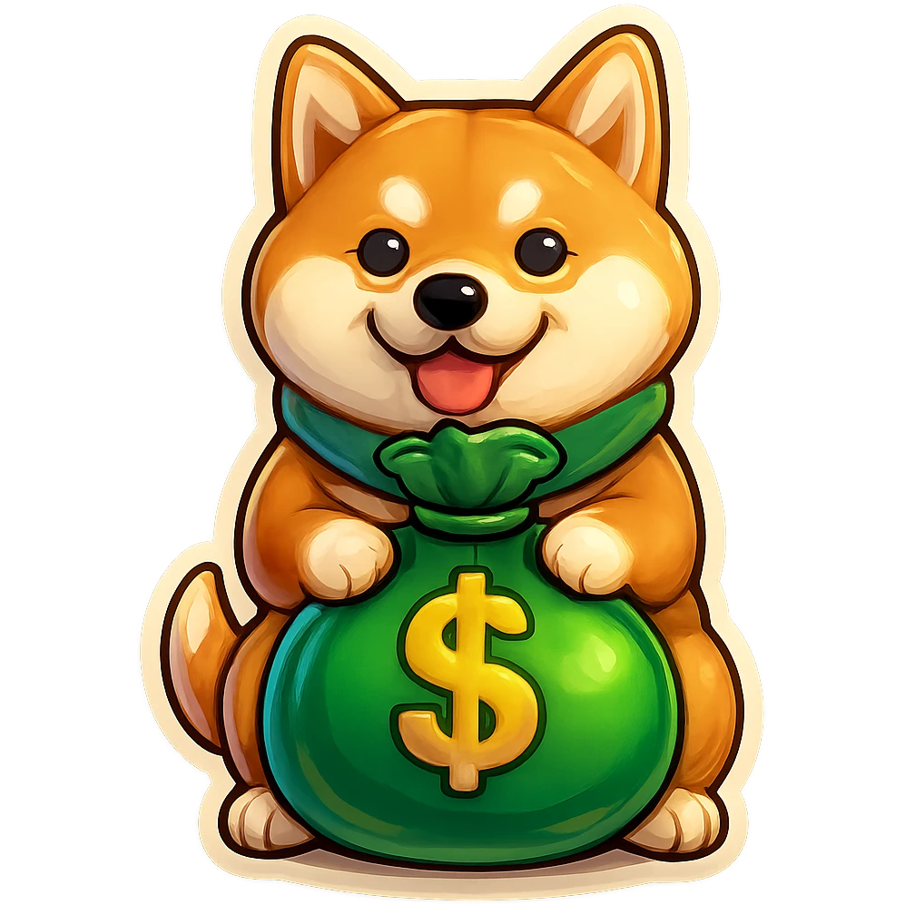 Make the bag of money much bigger while keeping the Shiba Inu and the retro stickers style the same, with no background. emoji