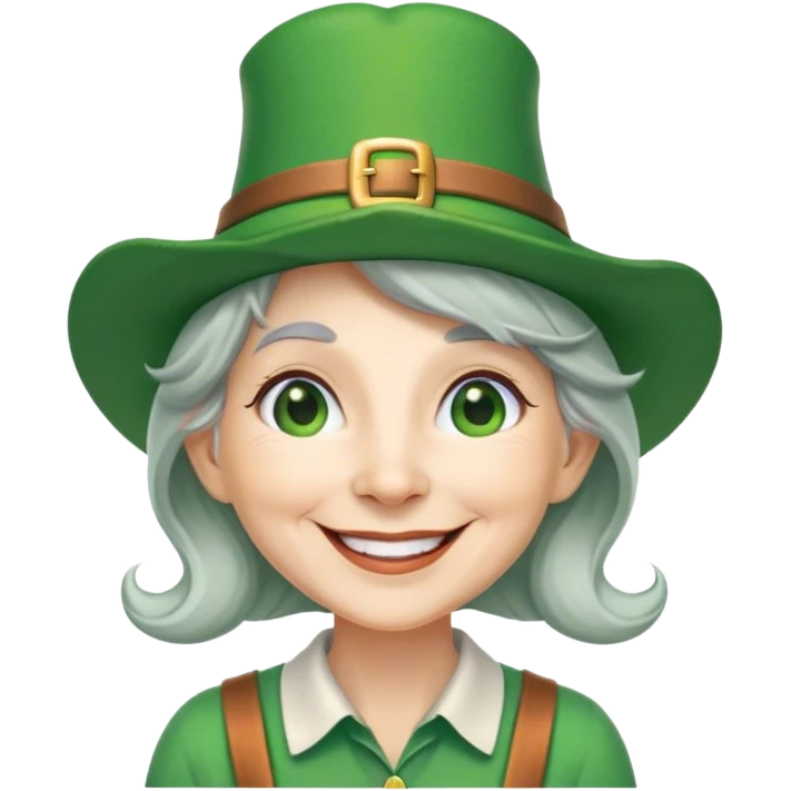 smiling gray haired lady in green shirt and leprechaun hat emoji