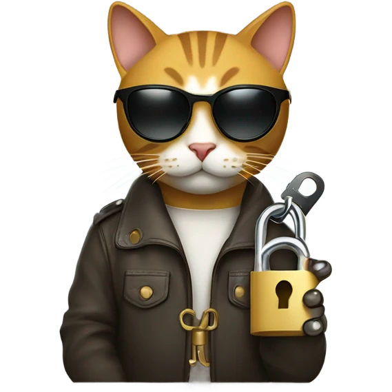 Design a cool cat emoji wearing sunglasses and holding a tiny key or sitting next to a lock. The cat should have a confident, laid-back pose. Use a minimalist style with clean lines. The cat should look trustworthy but chill. emoji